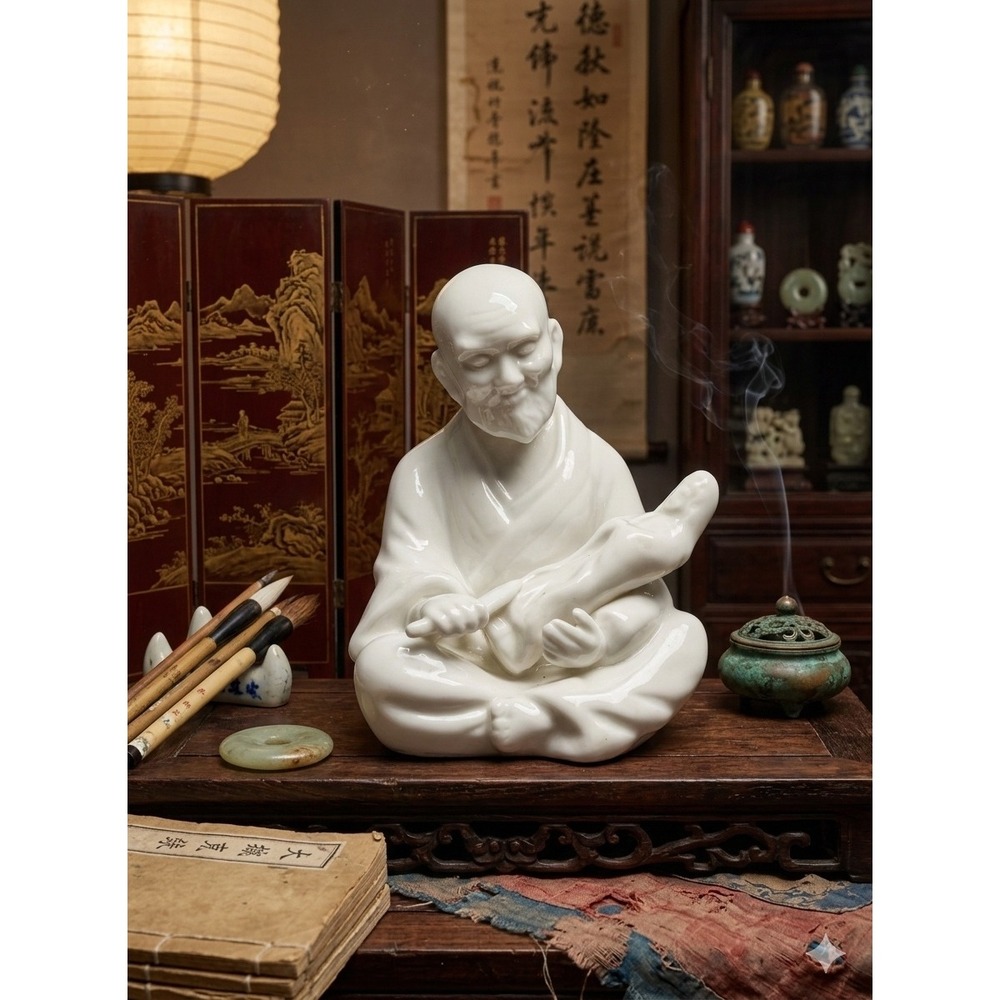 Vintage Meiji Period (1868-1912) Luohan Immortal Figurine White Glazed Dehua Art